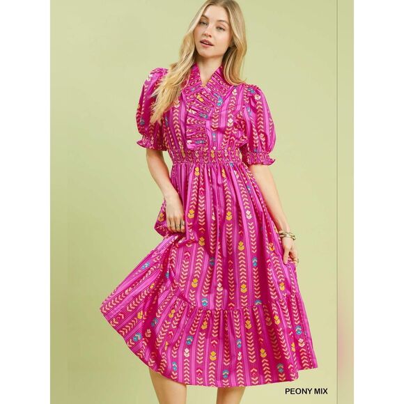 Umgee Dresses & Skirts - Umgee Peony Mix Fuchsia Printed Puff-Sleeve Midi Dress sz Small